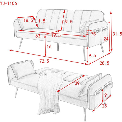 72.5" Convertible Sofa Bed, Adjustable Velvet Sofa Bed - Velvet Folding Lounge Recliner - Reversible Daybed - Ideal for Bedroom with Two Pillows and Center Leg