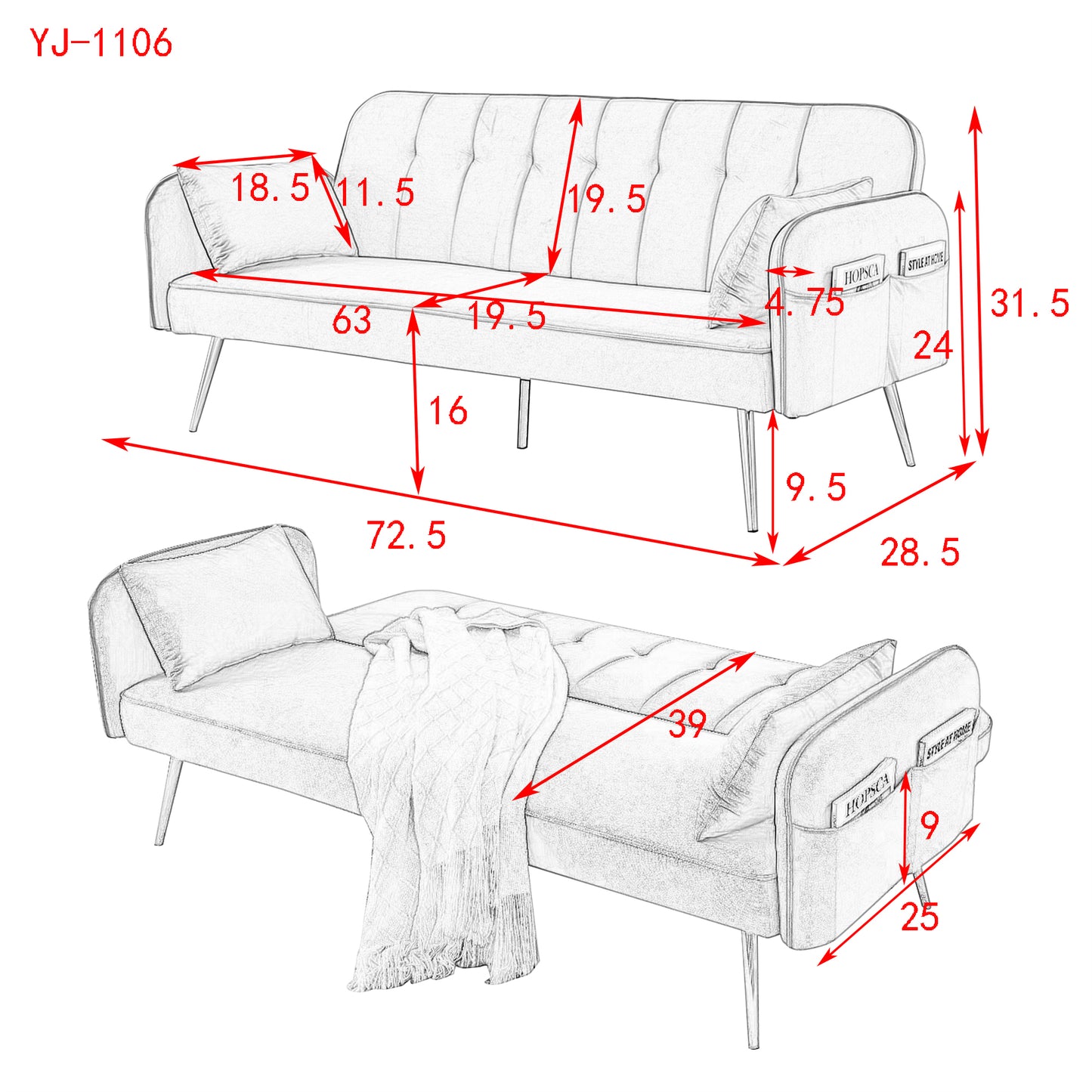 72.5" Convertible Sofa Bed, Adjustable Velvet Sofa Bed - Velvet Folding Lounge Recliner - Reversible Daybed - Ideal for Bedroom with Two Pillows and Center Leg