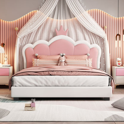 Full size Upholstered Princess Bed With Crown Headboard,Full Size Platform Bed with Headboard and Footboard, White+Pink(Old SKU:WF303337AAK)