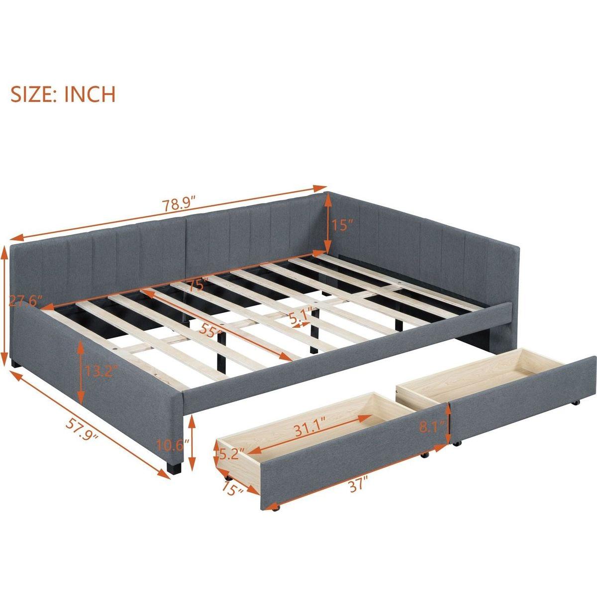 Full Size Upholstered Daybed with 2 Storage Drawers Sofa Bed Frame No Box Spring Needed, Linen Fabric (Gray)