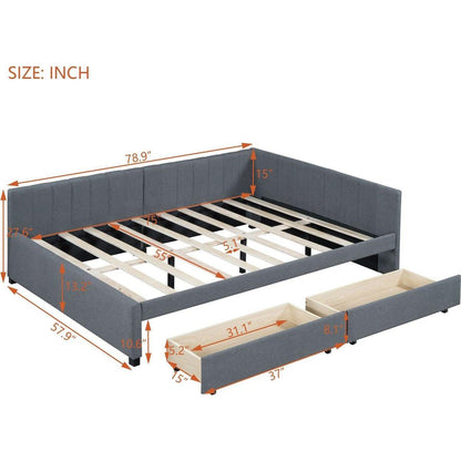 Full Size Upholstered Daybed with 2 Storage Drawers Sofa Bed Frame No Box Spring Needed, Linen Fabric (Gray)