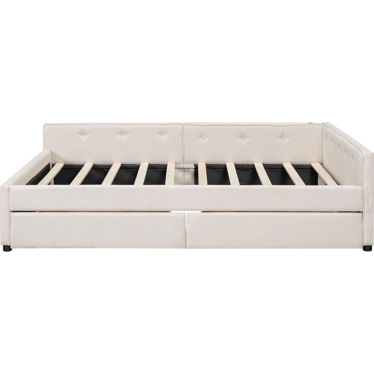 Queen Size Upholstered Platform Bed with USB and 2 Drawers, Beige