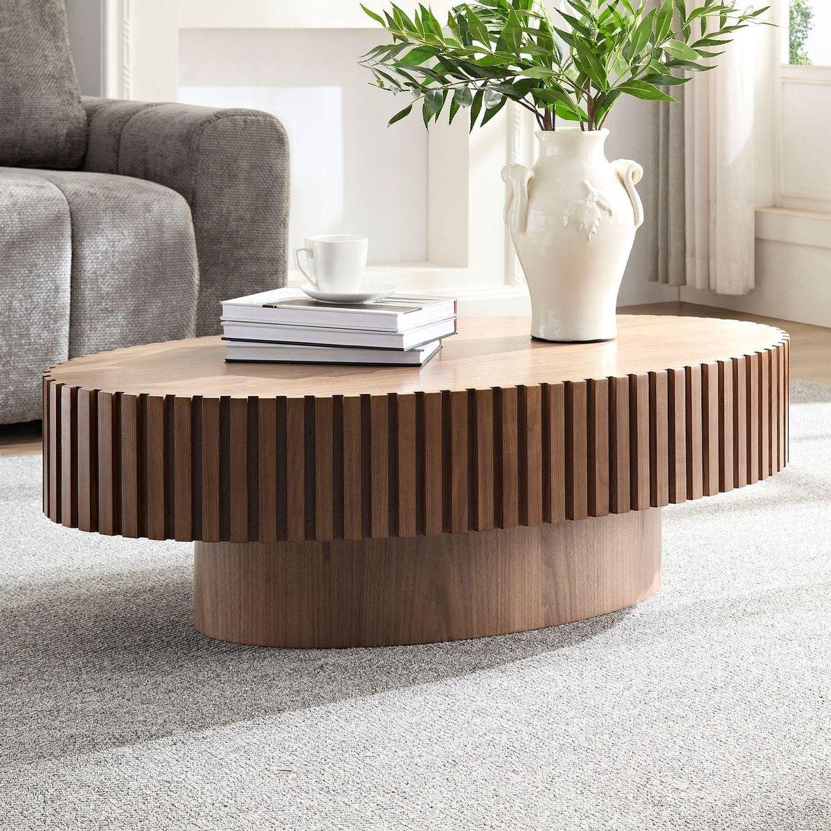 Modern Handcraft Drum Coffee Table Length 43.7 inch Round Coffee Table for Living Room,Small Coffee Table with Sturdy Pedestal,Walnut MDF