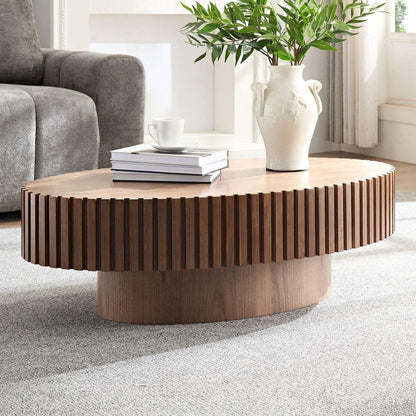 Modern Handcraft Drum Coffee Table Length 43.7 inch Round Coffee Table for Living Room,Small Coffee Table with Sturdy Pedestal,Walnut MDF