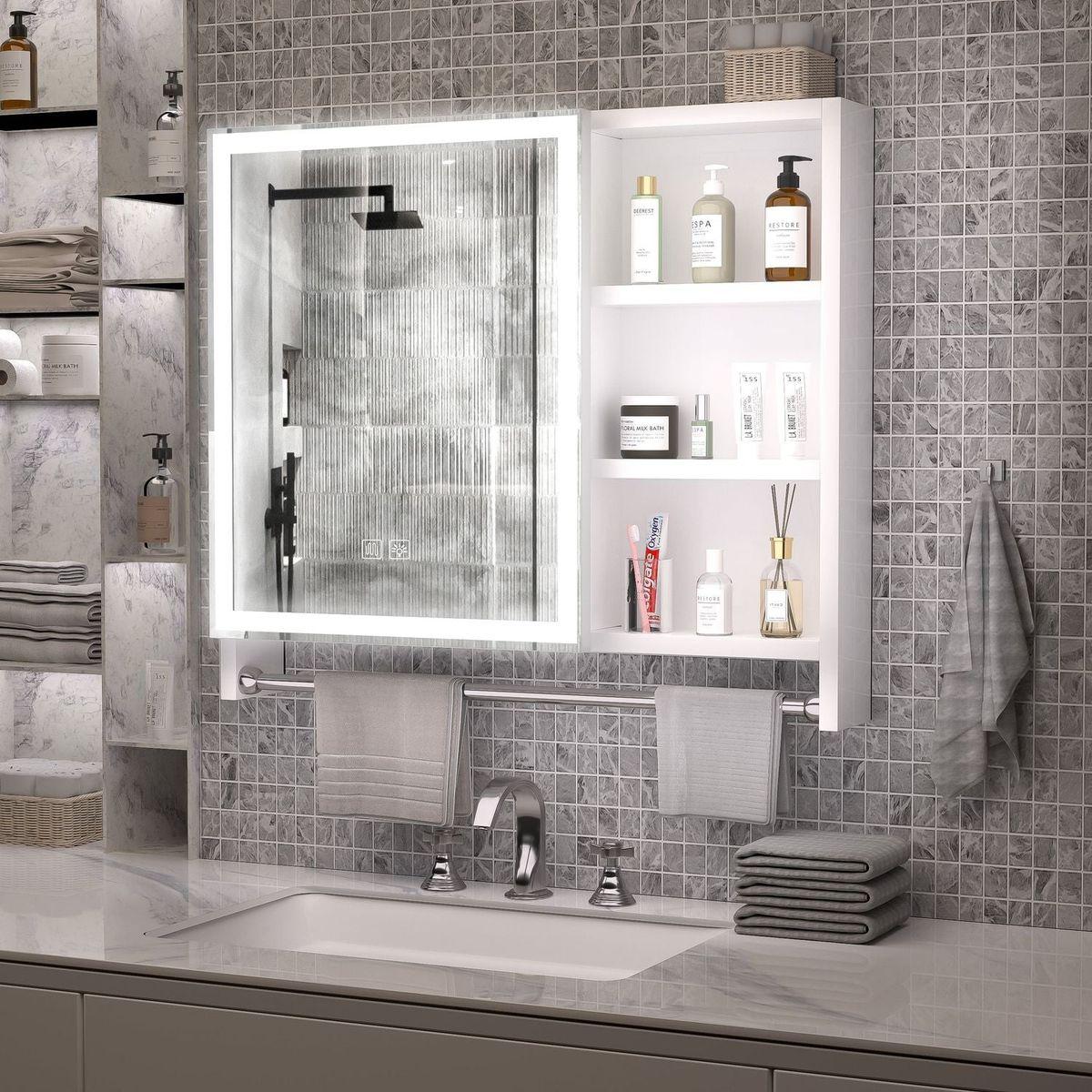 Modern 32x28inches bathroom cabinets, medicine cabinets with mirrors and LED lights, bathroom lockers with multilevel storage compartments and towel rails