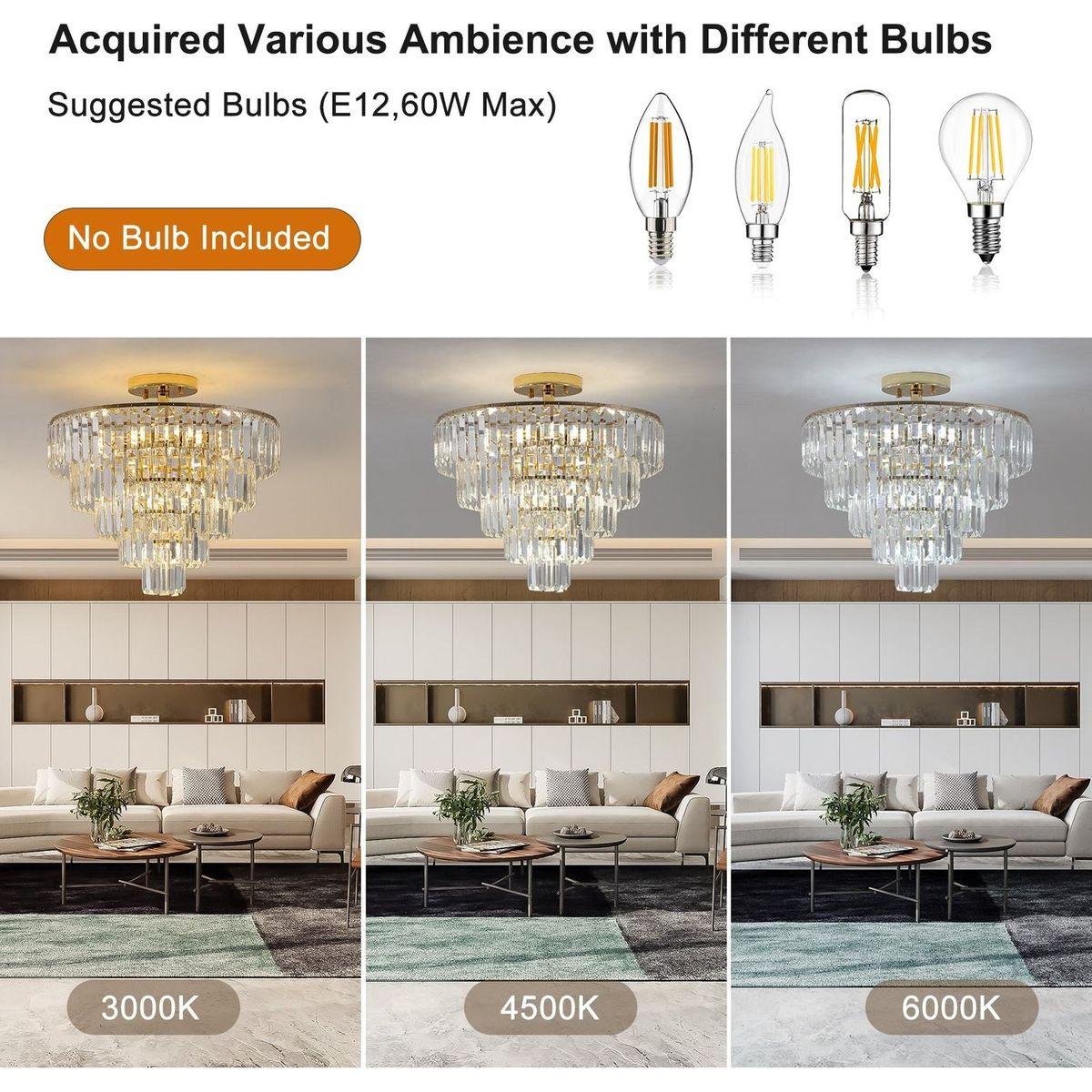 Gold Crystal Chandeliers,5-Tier Round Semi Flush Mount Chandelier Light Fixture,Large Contemporary Luxury Ceiling