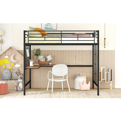 Full Metal Loft Bed with Desk and Metal Grid, Black