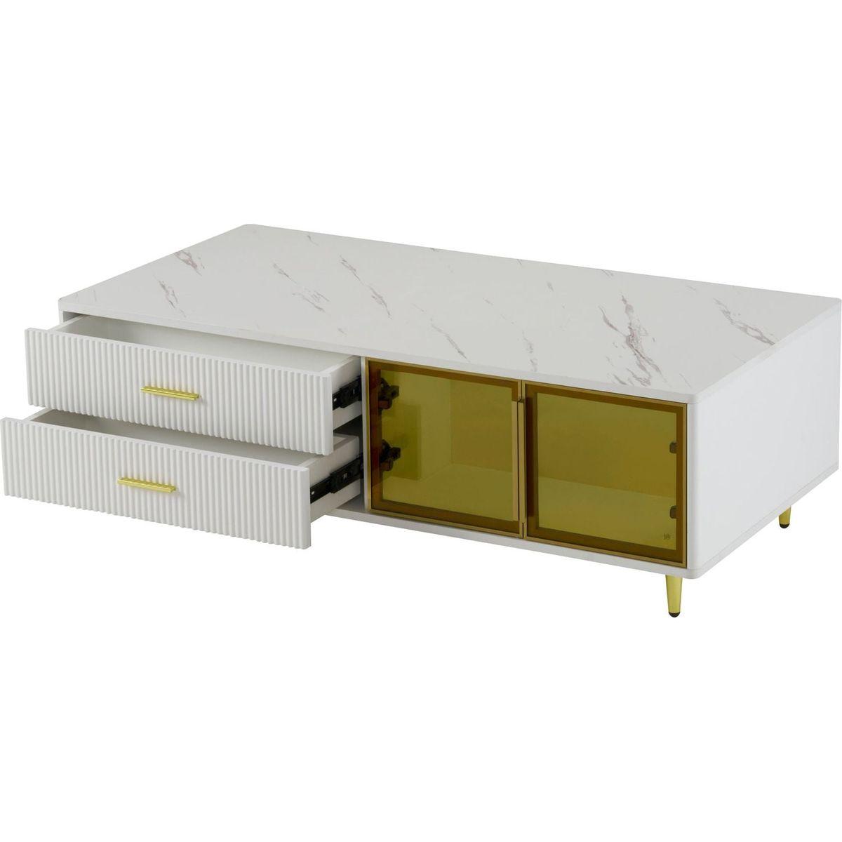 Modern White Coffee Table with 2 Glass Door Storage, 4 Drawers, Gold Metal Legs, and Multi-Color Lighting in 47.2"