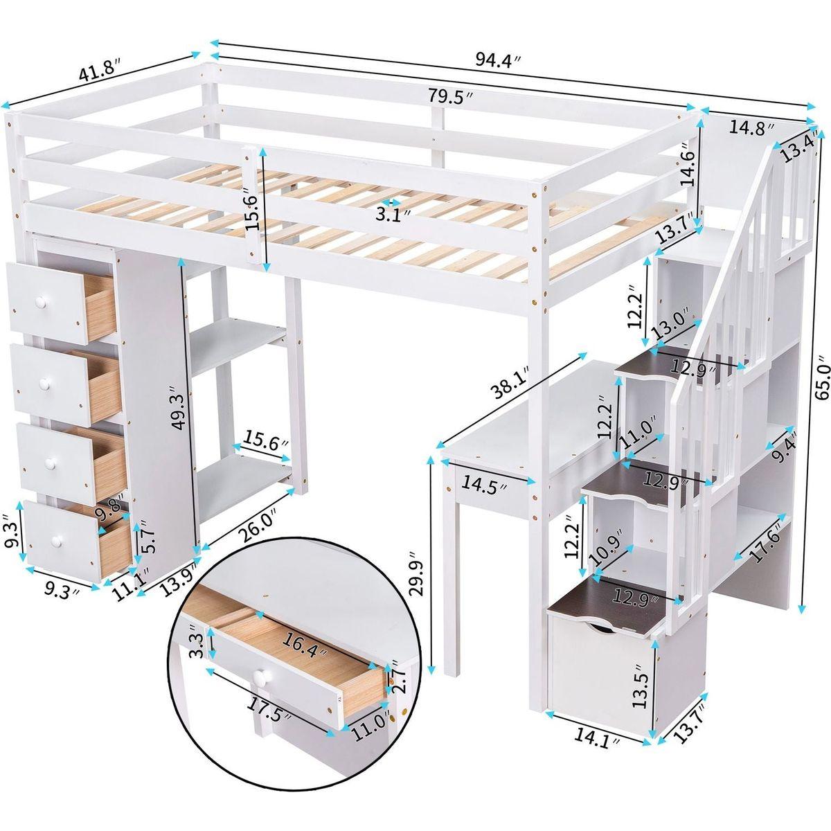 Twin size Loft Bed with Storage Drawers, Desk and Stairs, Wooden Loft Bed with Shelves - White