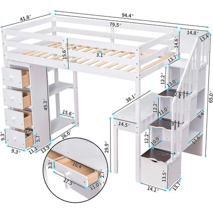 Twin size Loft Bed with Storage Drawers, Desk and Stairs, Wooden Loft Bed with Shelves - White