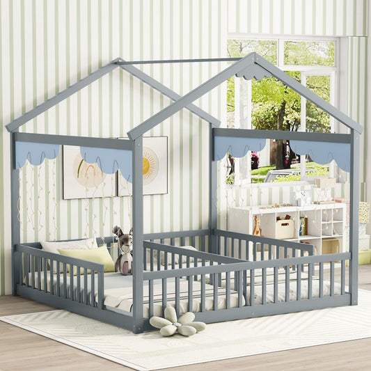 Double Twin House-Style Floor Bed with Fence, Guardrails, without door, Grey(Old Sku:W504P143316)
