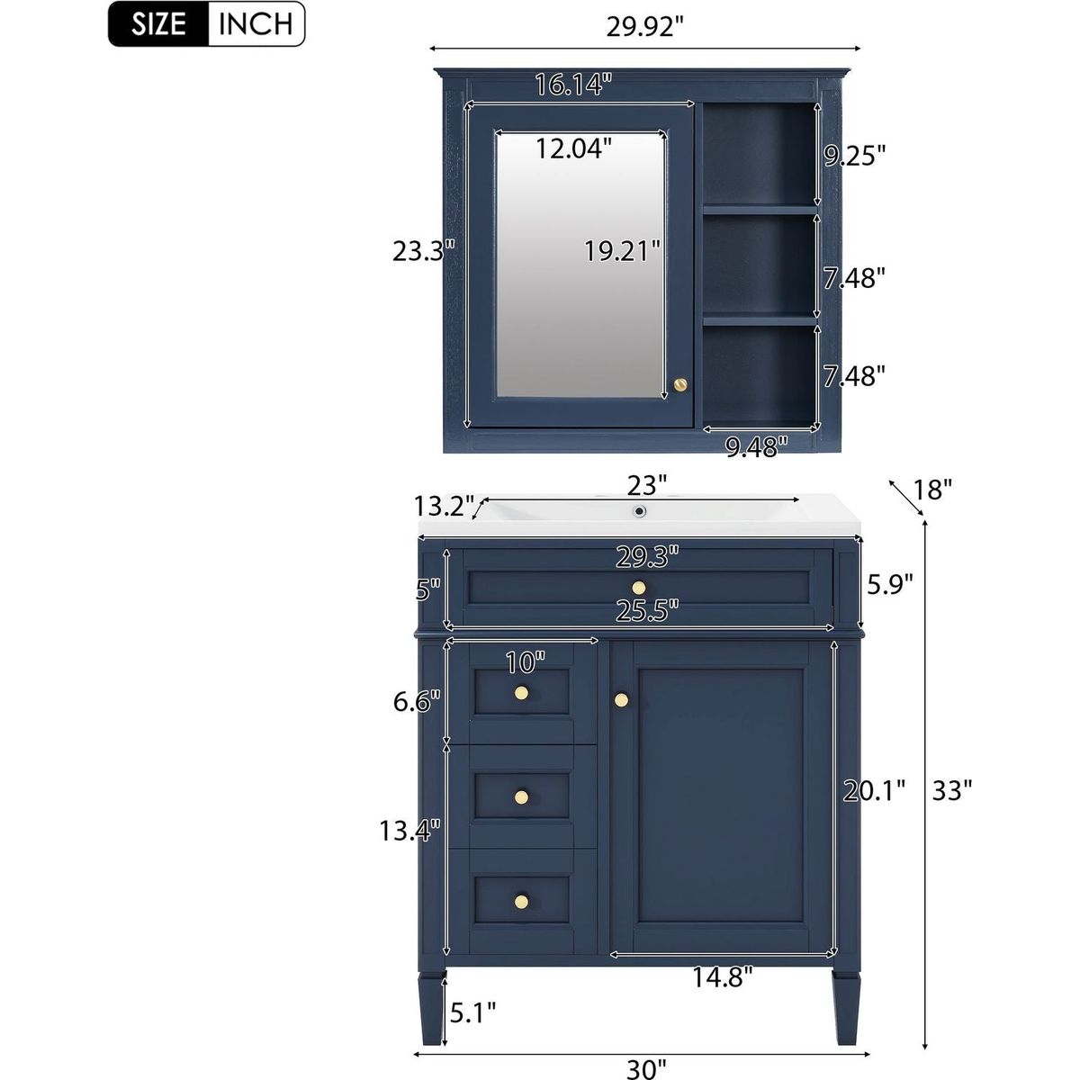 30" Bathroom Vanity with Top Sink, Modern Bathroom Storage Cabinet with 2 Drawers and a Tip-out Drawer, Freestanding Vanity Set with Mirror Cabinet, Single Sink Bathroom Vanity