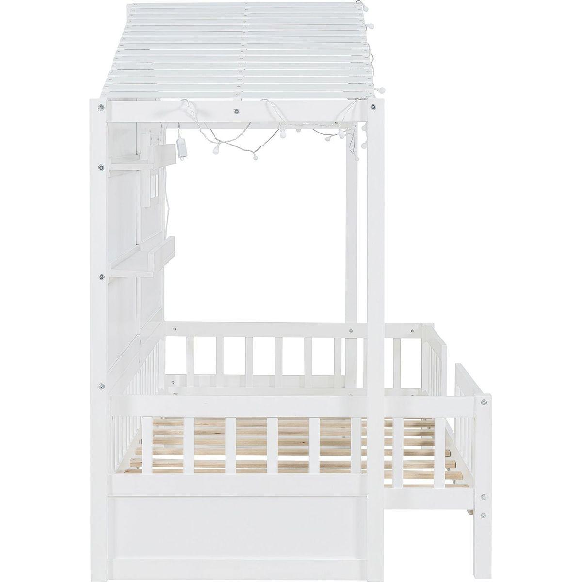 Twin Size House Bed with Shelves, House Bed with Window and Sparkling Light Strip on the Roof, White