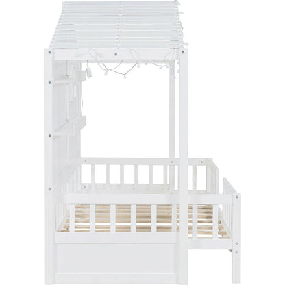 Twin Size House Bed with Shelves, House Bed with Window and Sparkling Light Strip on the Roof, White