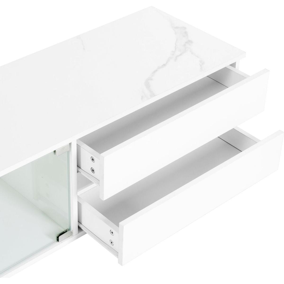 Modern APP Controlled LED TV Stand for TVs Up to 105", Faux Marble Tabletop Media Console with Tempered Glass Doors, Entertainment Center with 2 Drawers & Cabinets for Living Room, White