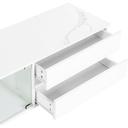 Modern APP Controlled LED TV Stand for TVs Up to 105", Faux Marble Tabletop Media Console with Tempered Glass Doors, Entertainment Center with 2 Drawers & Cabinets for Living Room, White