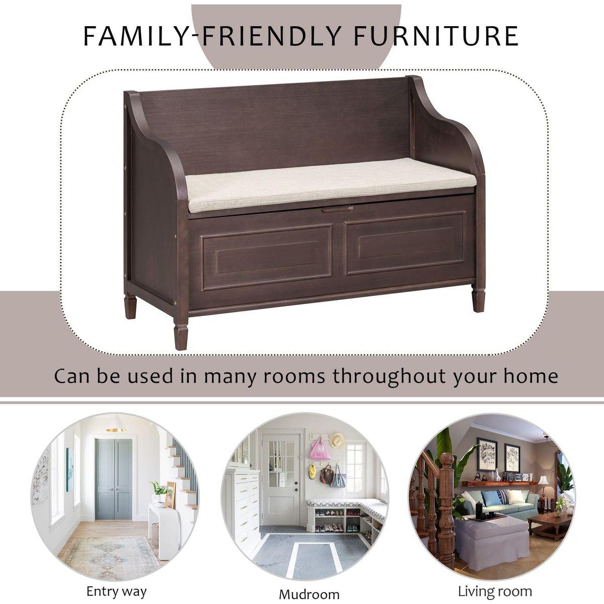 Rustic Style Solid wood Entryway Multifunctional Storage Bench with Safety Hinge (Espresso + Beige)