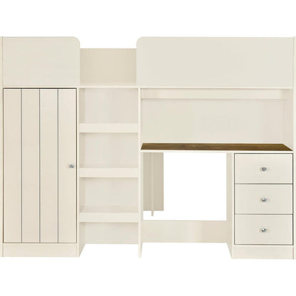 Wood Full Size Loft Bed with Built-in Wardrobe, Desk, Storage Shelves and Drawers, Beige