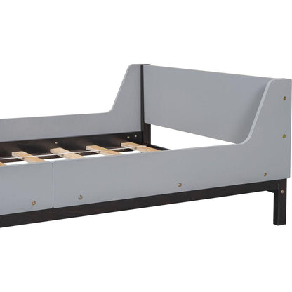 Twin Bed with Headboard, Footboard, Safeguards, Built-in Bed-end Book Storage Rack, Grey