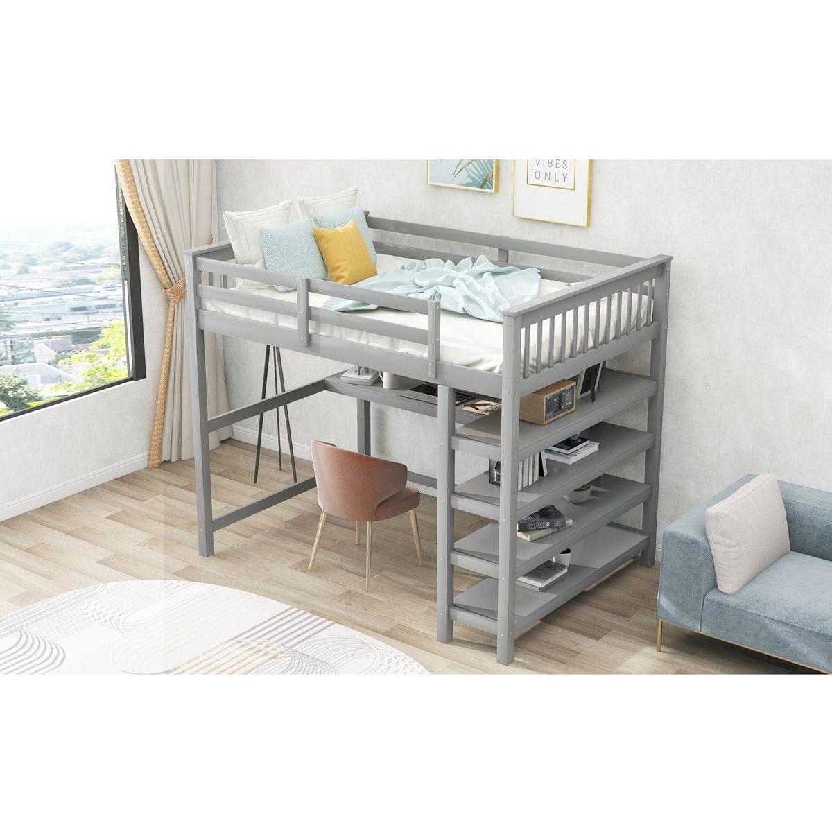 Full Size Loft Bed with Storage Shelves and Under-bed Desk, Gray