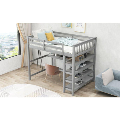 Full Size Loft Bed with Storage Shelves and Under-bed Desk, Gray