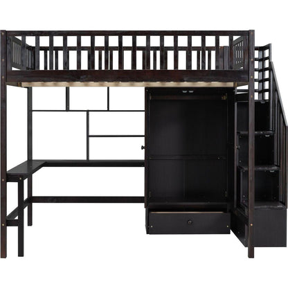 Full size Loft Bed with Bookshelf,Drawers,Desk,and Wardrobe-Espresso