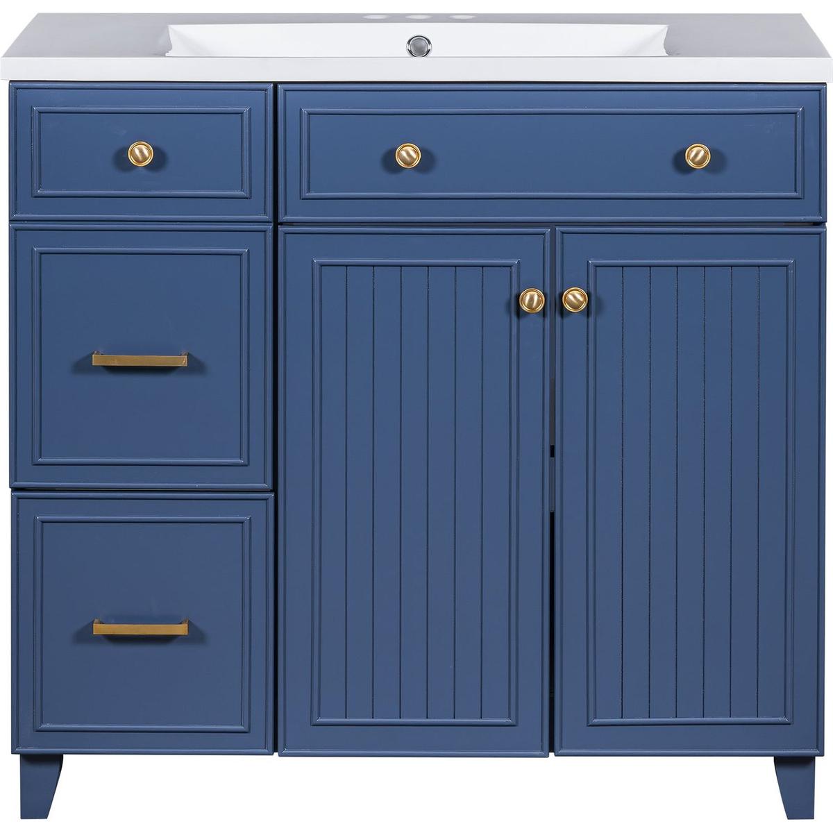 36-inch Bathroom Vanity, Transitional Style Bathroom Cabinet with Resin Sink, Navy Blue Single Bathroom Cabinet, with 2 Drawers and 1 Adjustable Storage Shelf, 2 Soft-close Doors