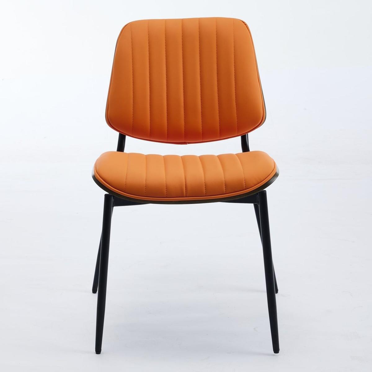 Dining Chairs Set of 2 Mid Century Modern Retro Faux Leather Chair with Walnut Bentwood Back Upholstered Seat Metal Legs Adjustable Foot for Kitchen Dining Room Chairs(Orange PU)