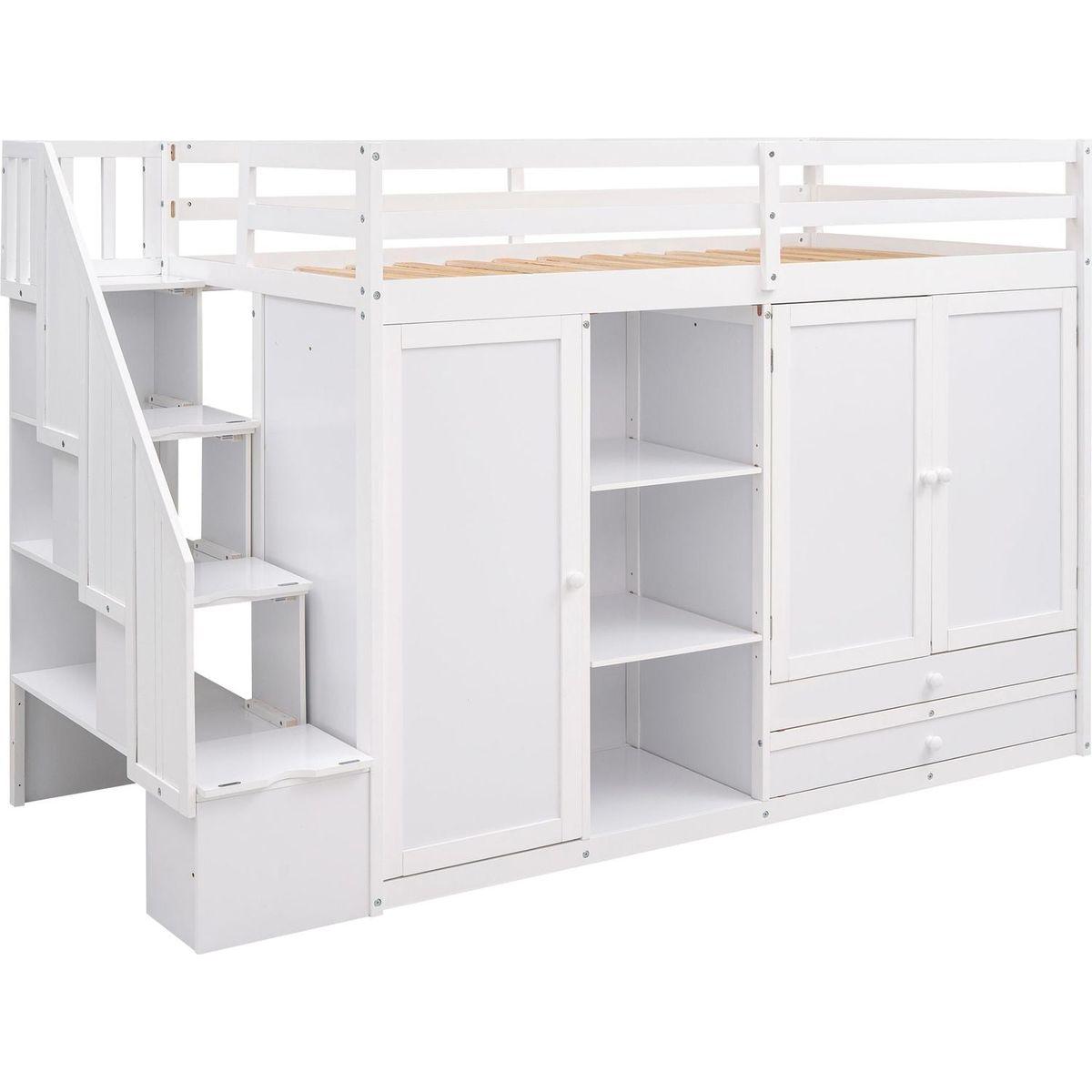 Functional Loft Bed with 3 Shelves, 2 Wardrobes and 2 Drawers, Ladder with Storage, No Box Spring Needed, White