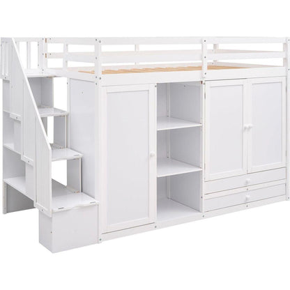 Functional Loft Bed with 3 Shelves, 2 Wardrobes and 2 Drawers, Ladder with Storage, No Box Spring Needed, White