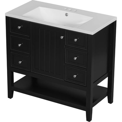 36" Bathroom Vanity with Sink Combo, One Cabinet and Three Drawers, Solid Wood and MDF Board, Black