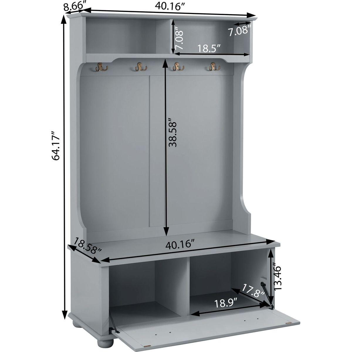 Classic Cosatal Style Hall Tree Entryway Bench with Open Shelves and Shoe Cabinets, SOLID WOOD Feet, Gray, 40"Wx18.5"Dx64.5"H