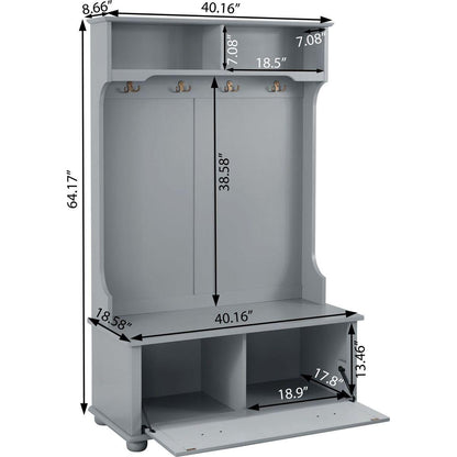 Classic Cosatal Style Hall Tree Entryway Bench with Open Shelves and Shoe Cabinets, SOLID WOOD Feet, Gray, 40"Wx18.5"Dx64.5"H