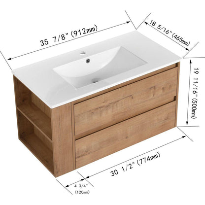 36" Wall Mounting Bathroom Vanity With Ceramic Sink, Soft Close Drawer