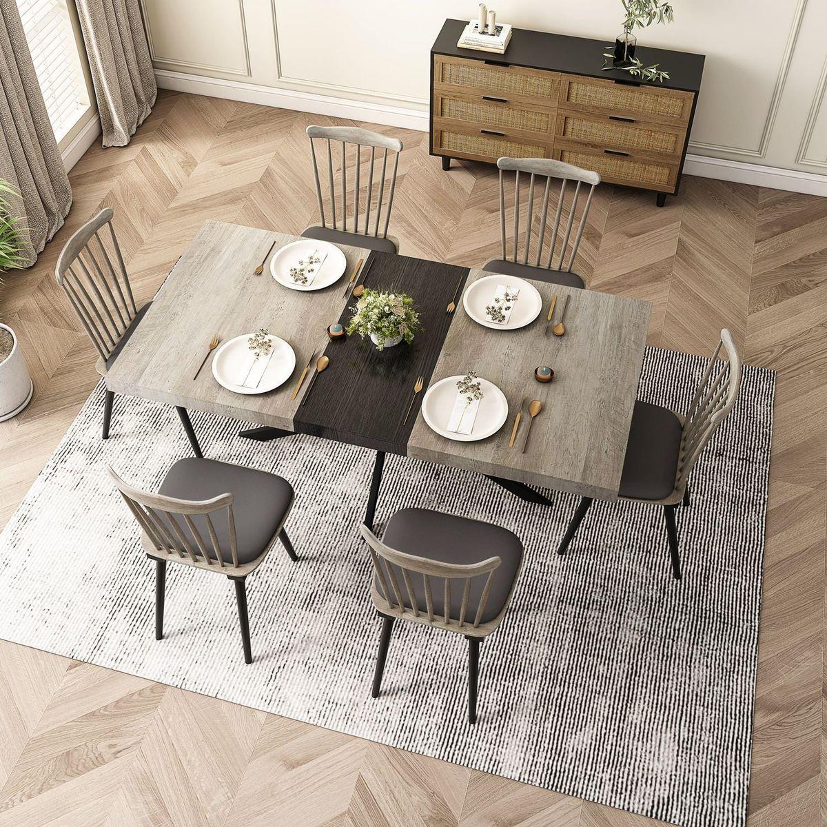 55.11" -70.86"Retro Rectangular Stretch Dining Table, Grey Carole Top With Black Embossed Center Plate, Black Fine Sand Cross Iron Foot Base Dining Table, With Storage Box.