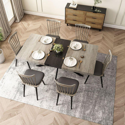 55.11" -70.86"Retro Rectangular Stretch Dining Table, Grey Carole Top With Black Embossed Center Plate, Black Fine Sand Cross Iron Foot Base Dining Table, With Storage Box.