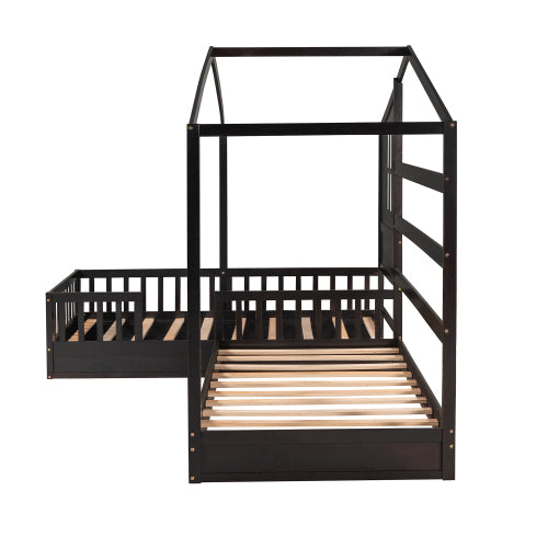 Wood House Bed Twin Size, 2 Twin Solid Bed L structure with fence and slatted frame, Espresso