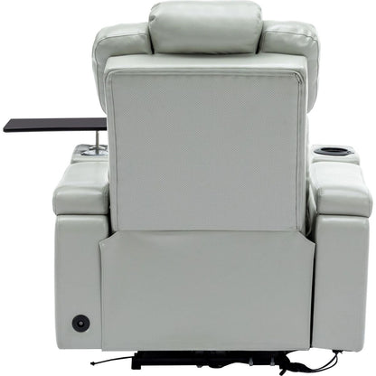 PU Leather Power Recliner Individual Seat Home Theater Recliner with Cooling Cup Holder, Bluetooth Speaker, LED Lights, USB Ports, Tray Table, Arm Storage for Living Room, Grey