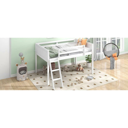 Twin Size Wood Low Loft Bed with Ladder, ladder can be placed on the left or right, White