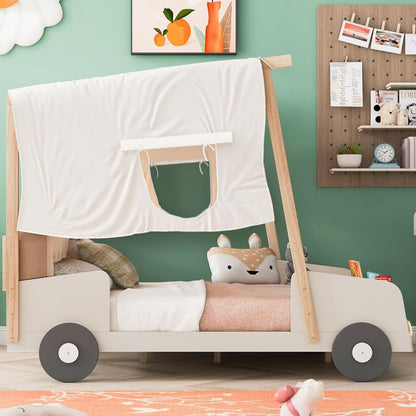 Wood Full Size Car Bed with Pillow, Ceiling Cloth and LED, Natural