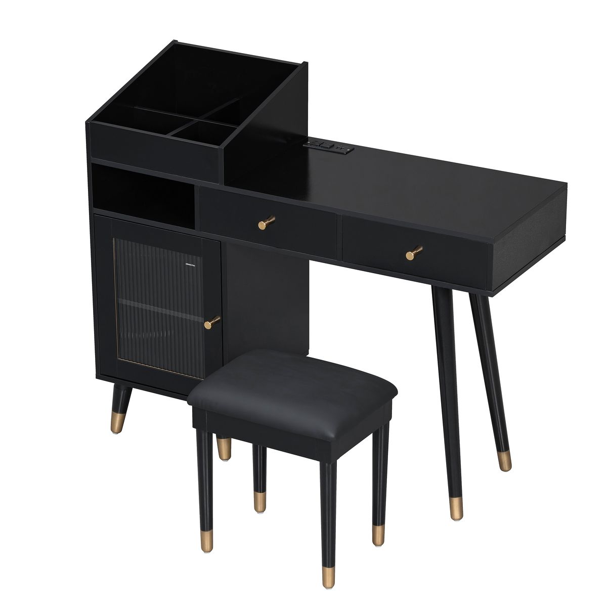 Modern Makeup Vanity Desk with Drawers, Cabinet & Charging Port, Black Engineered Wood, Space-saving Design for Small Places