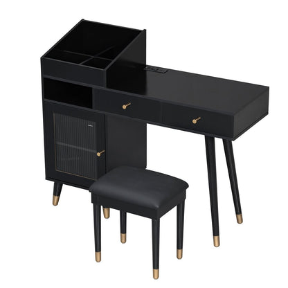Modern Makeup Vanity Desk with Drawers, Cabinet & Charging Port, Black Engineered Wood, Space-saving Design for Small Places