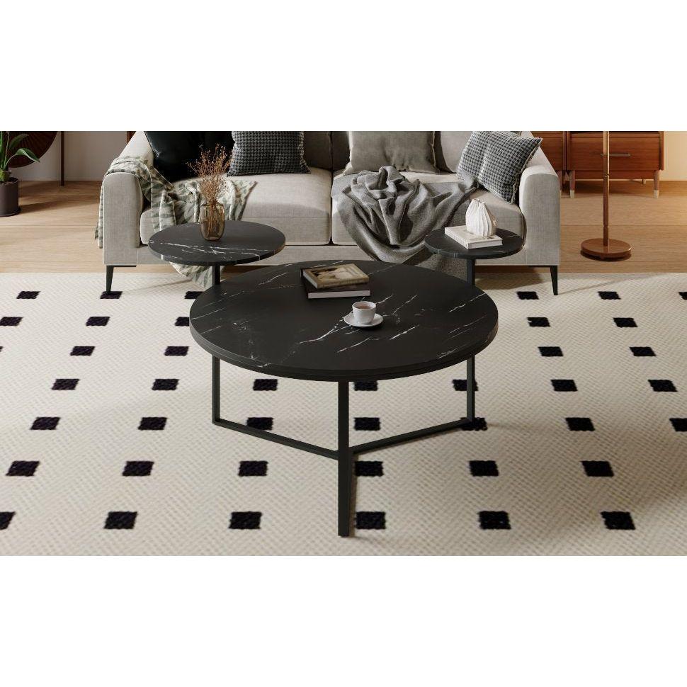 Modern coffee table with two display shelves, Black Faux marble surfaces, Tripod-inspired base,Rounded tabletop edges