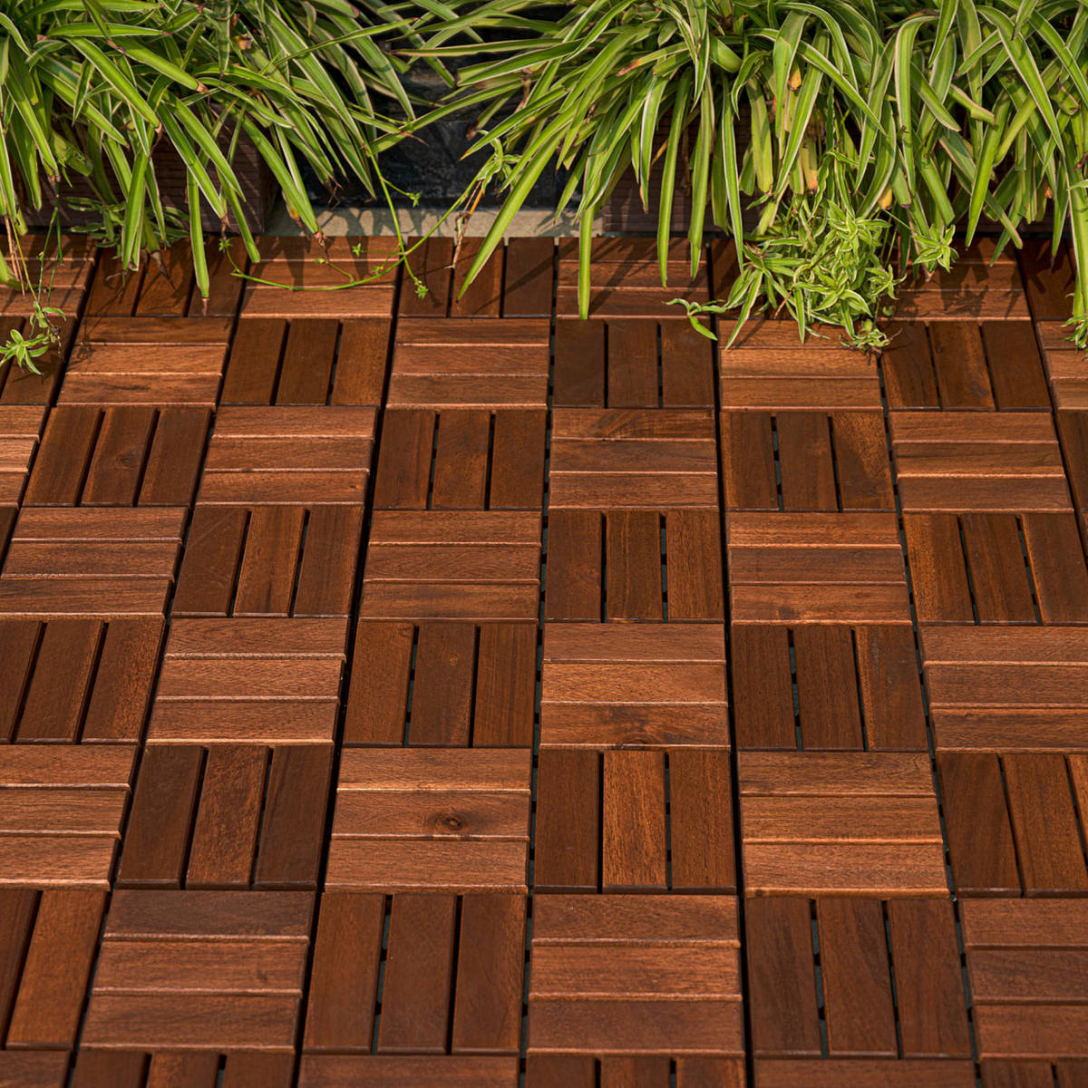 20 PCS Interlocking Deck Tiles Checker Pattern, 12" x 12" Square Acacia Hardwood Outdoor Flooring for Patio, Bancony, Pool Side,...