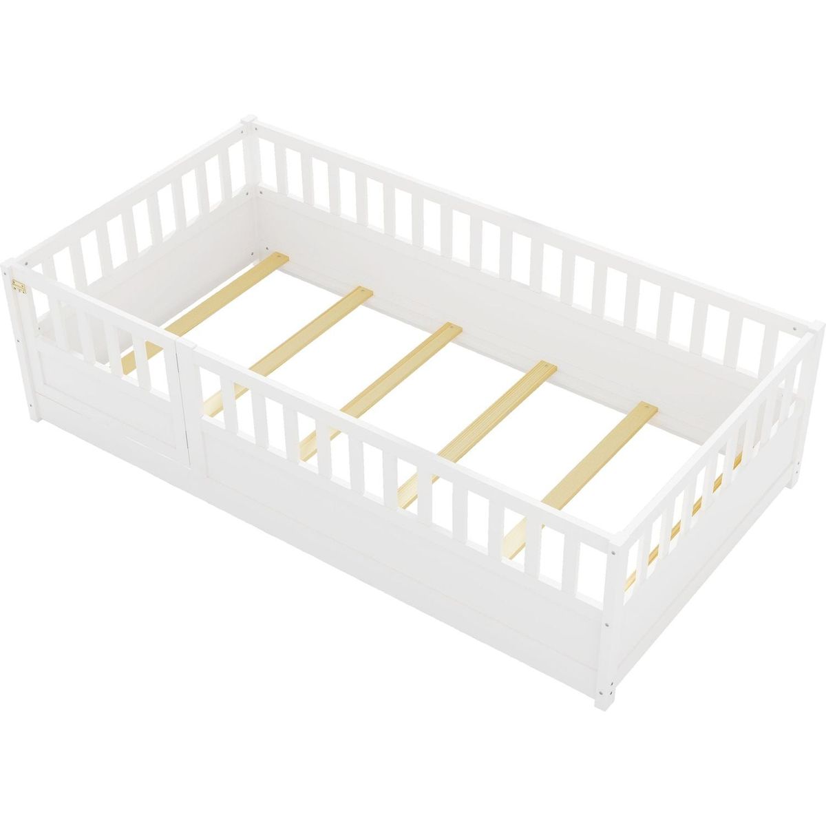 Twin Size Floor bed, integral construction with super high security barrier, door, children's floor bed frame, Montessori wooden children's floor bed, Support slat white