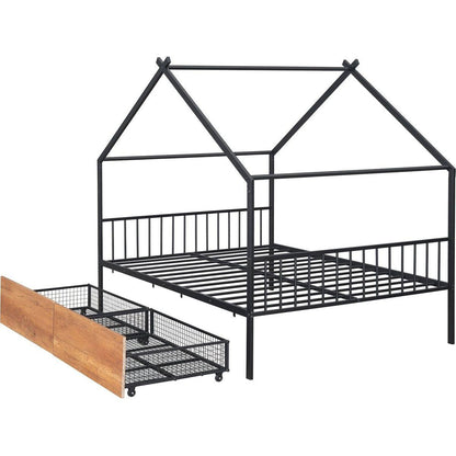 Full Size Metal House Bed with Two Drawers, Black