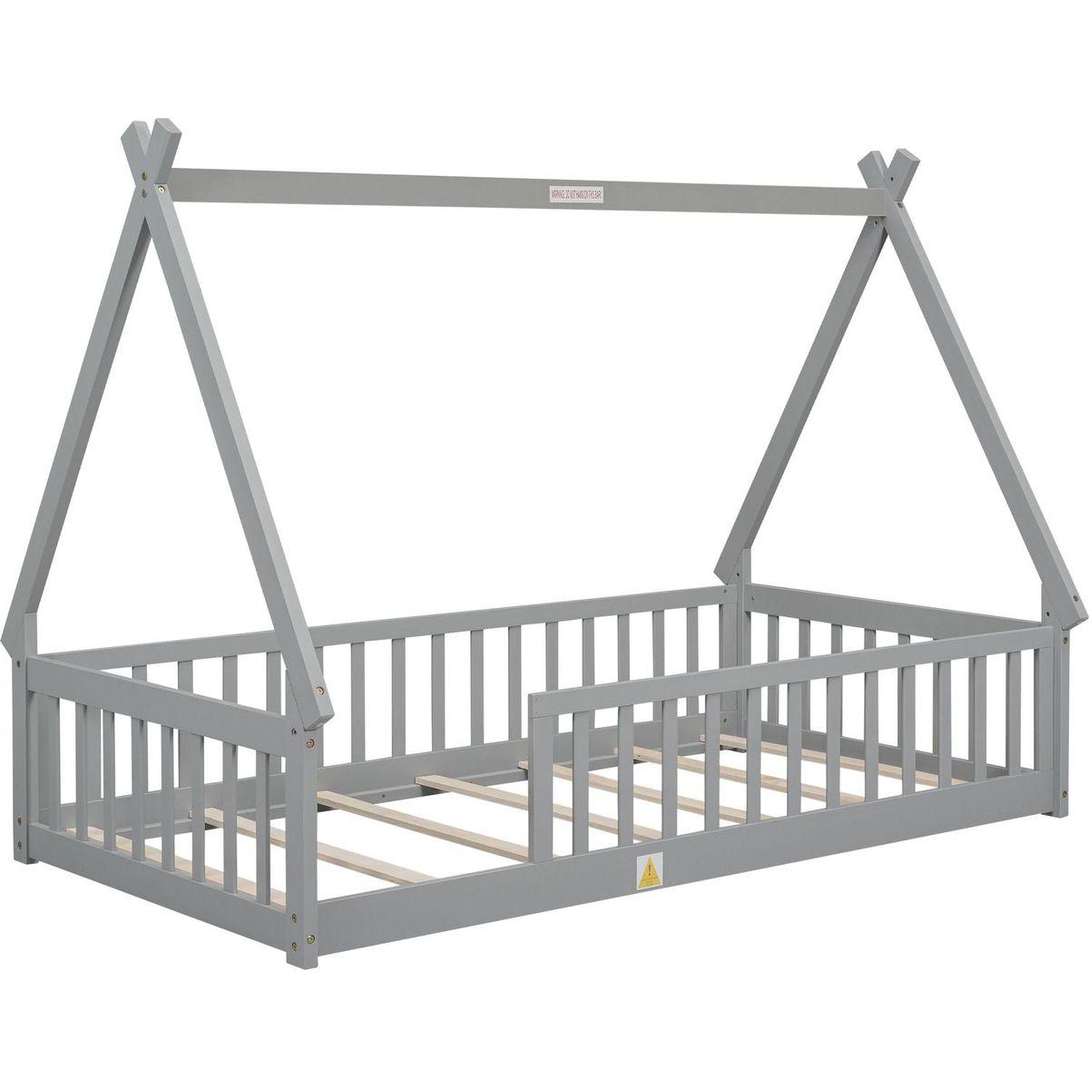 Twin Tent-shaped Floor Bed, Teepee Bed with Guardrails, Slats,Grey