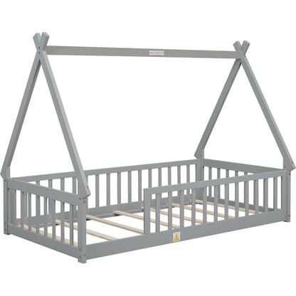 Twin Tent-shaped Floor Bed, Teepee Bed with Guardrails, Slats,Grey