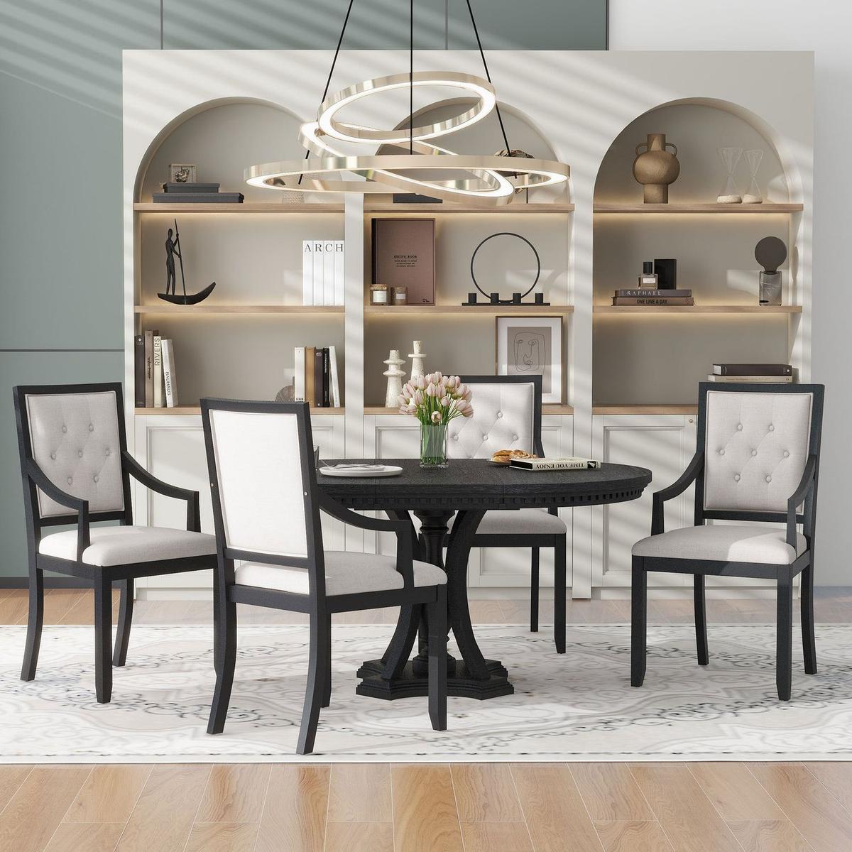 Retro 5-piece Dining Set Extendable Round Table and 4 Chairs for Kitchen Dining Room (BLACK OAK)