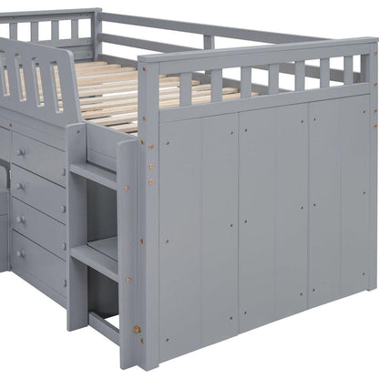 L-shaped Space-Saving Twin Loft and Twin Platform Bed with 7 Drawers and Full Guardrails(GRAY)